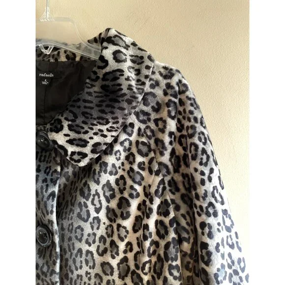 Rafaella Animal Print Fax Fur Coat Womens L Gray Short Length Button Front Lined - Picture 5 of 10
